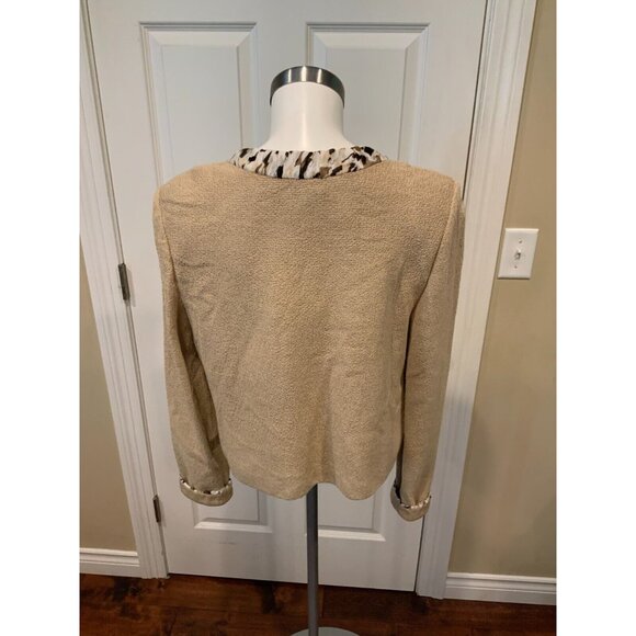 St. John Anise Melange Tan Wool Crepe Zip-Up Jacket Silk Trim $1,195 Size 12 NWT - Picture 6 of 7